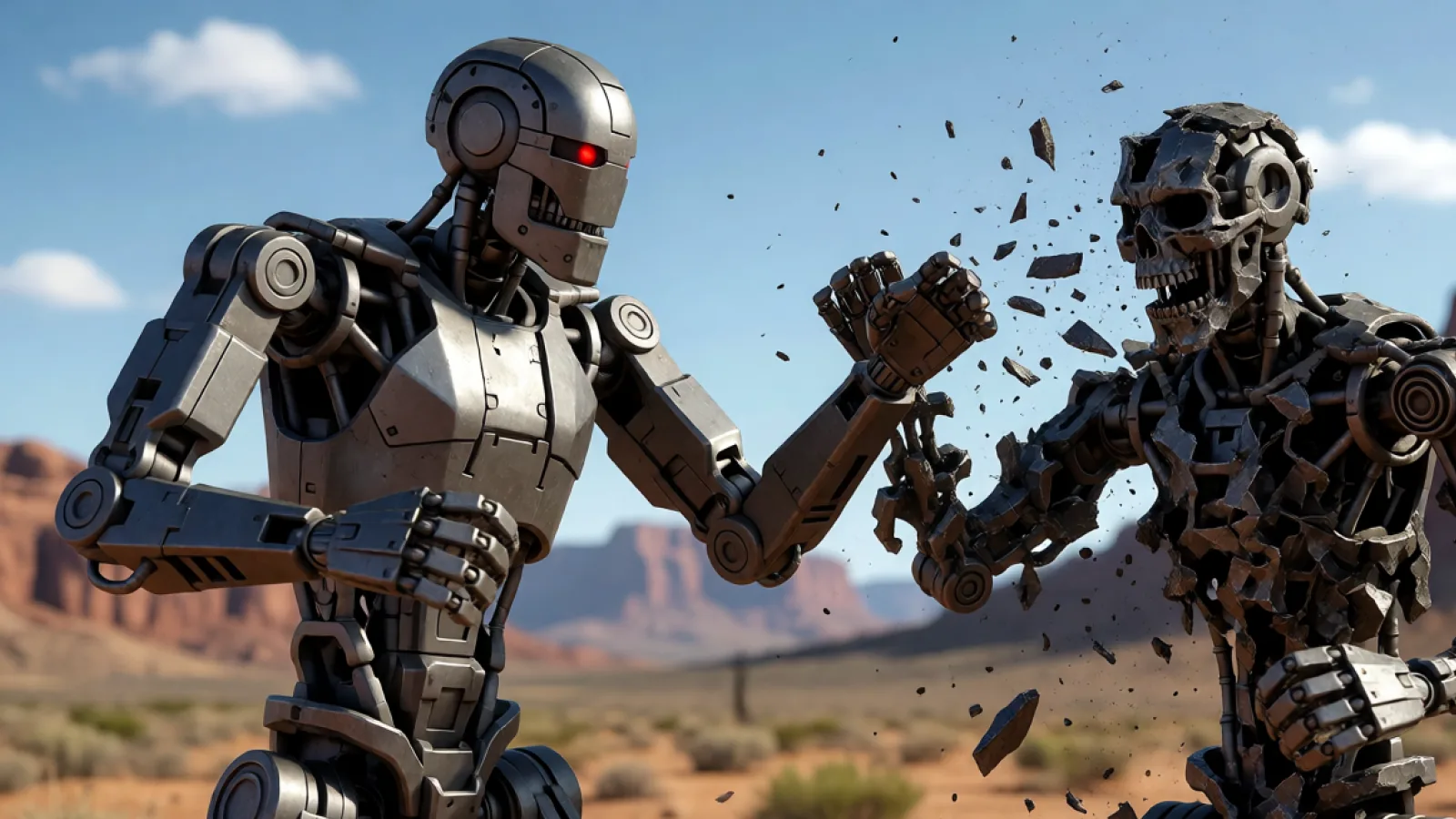 Two humanoid robots exchanging punches in a desert arena (AI illustration)