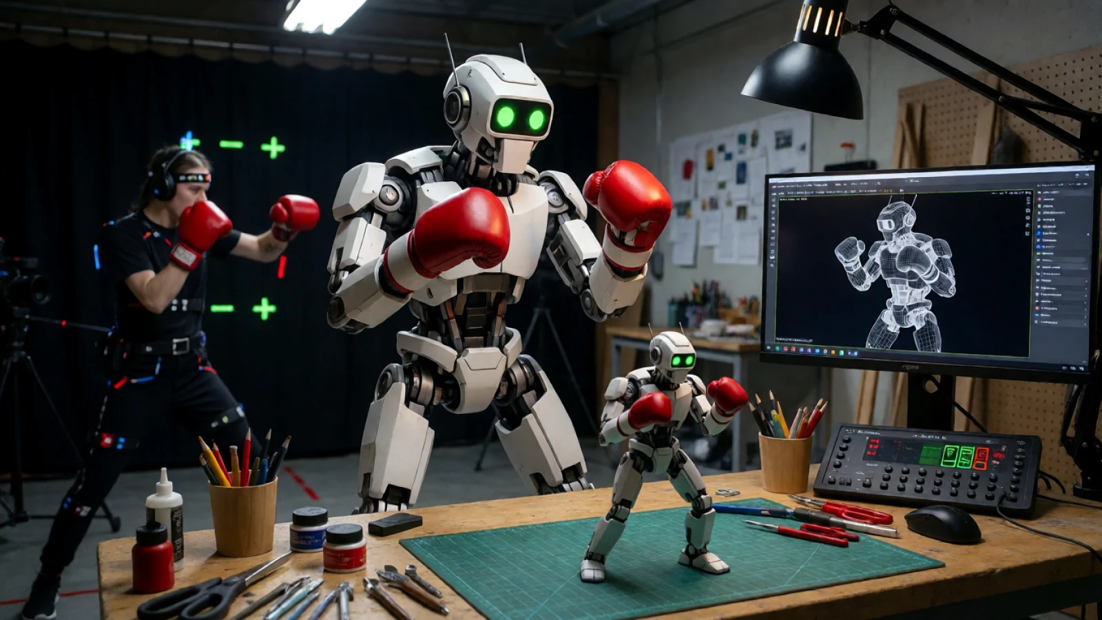 Illustration of robot production combining physical models, motion capture and a digital design (AI illustration)