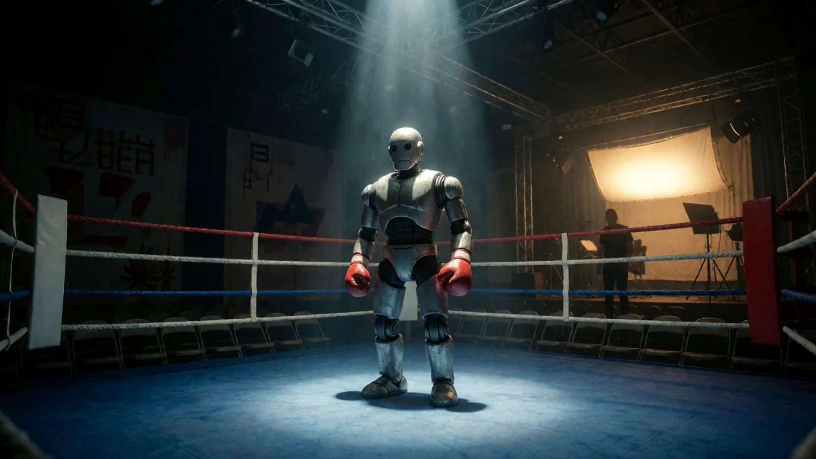 A movie-style robot standing alone in a boxing ring on a film set (AI illustration)