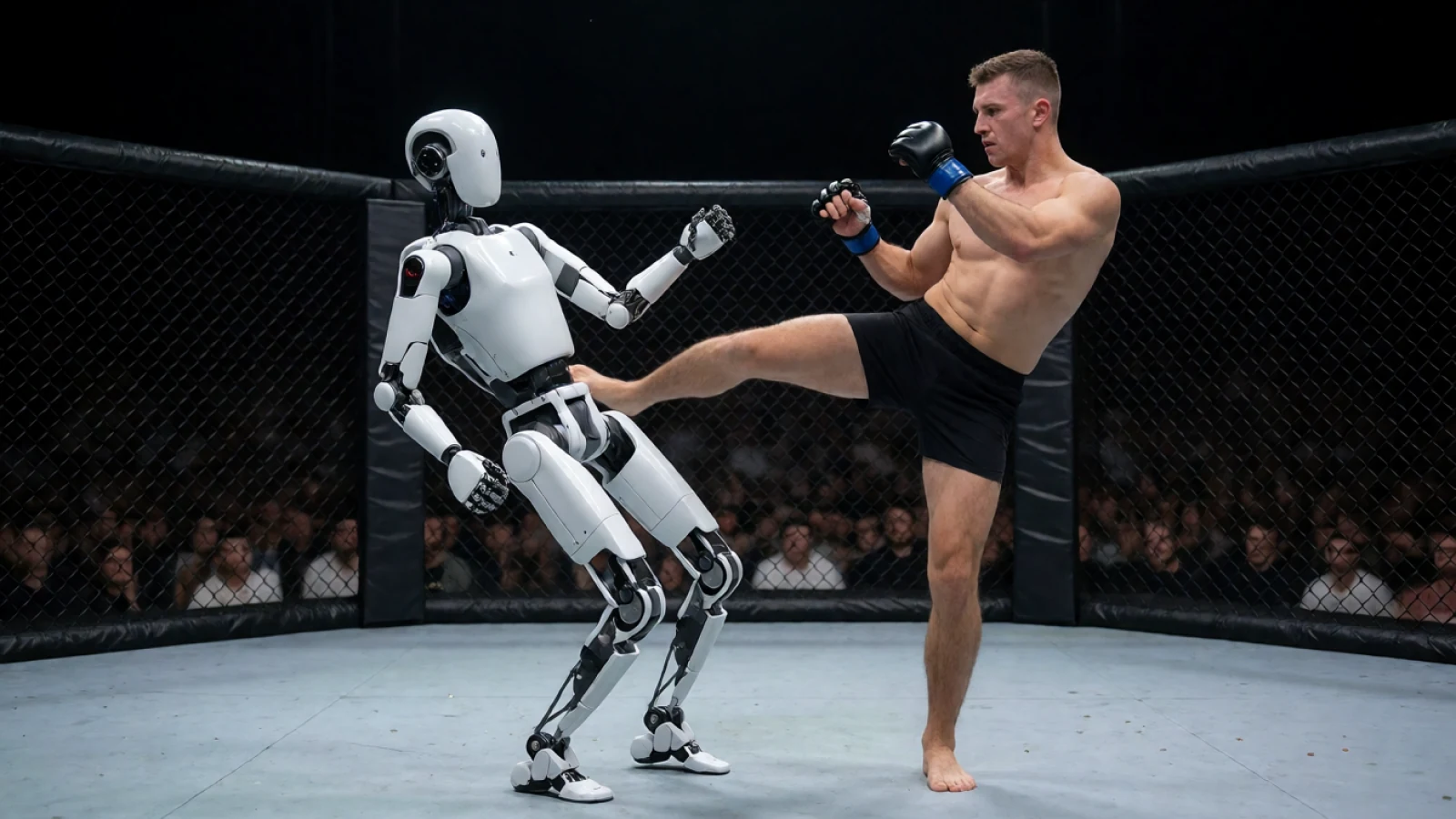 Illustration of a humanoid robot losing balance after a kick inside a cage (AI illustration)