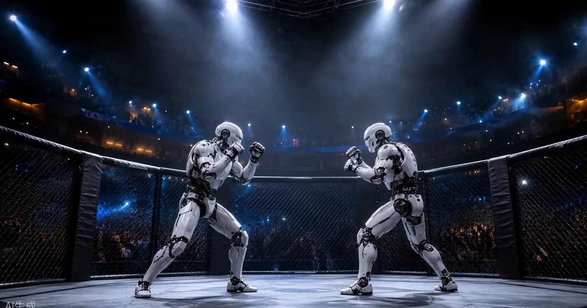 Two humanoid robots facing off in a fight cage under arena lights