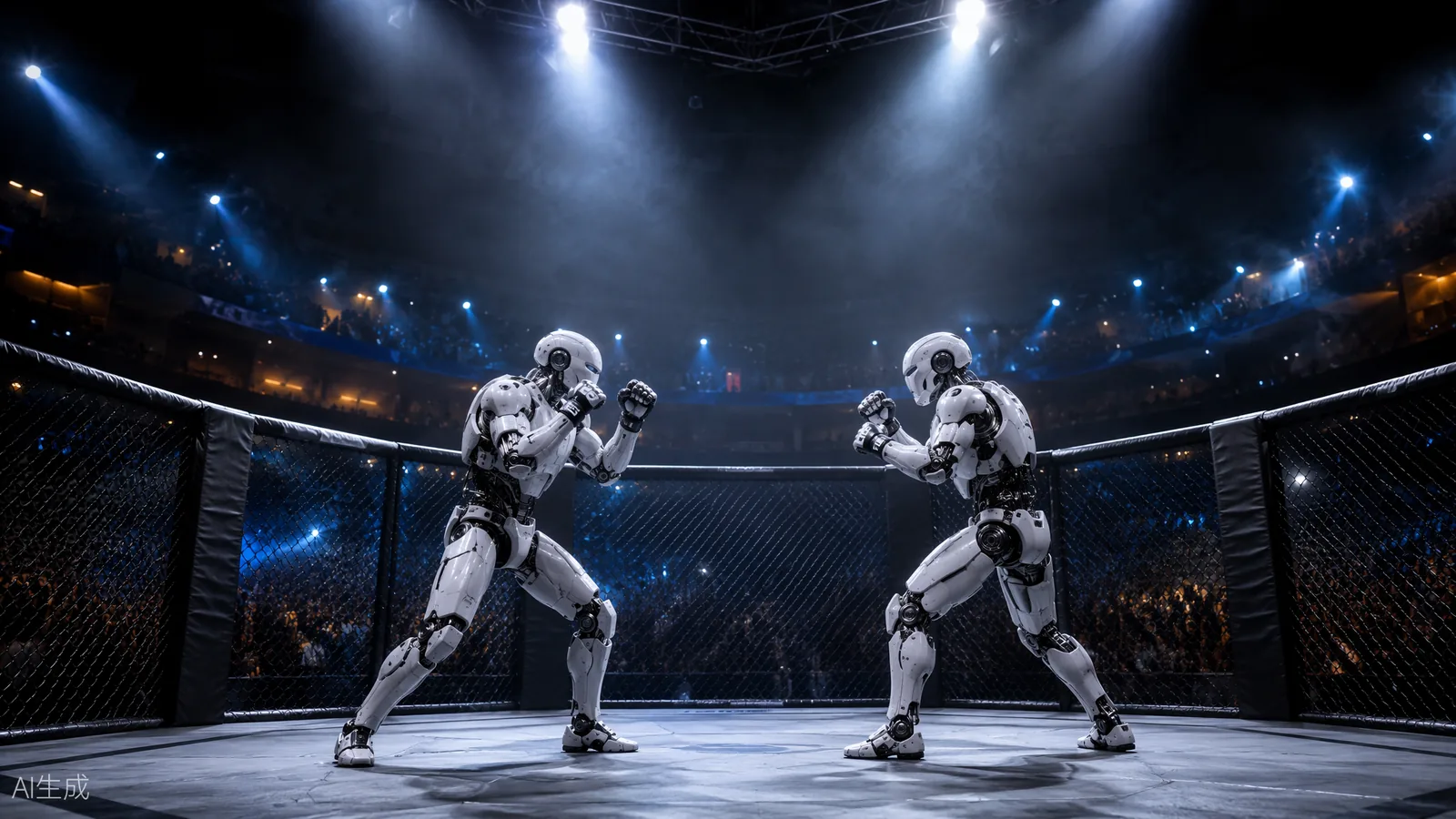Two humanoid robots facing off in an MMA-style cage under arena lights (AI illustration)